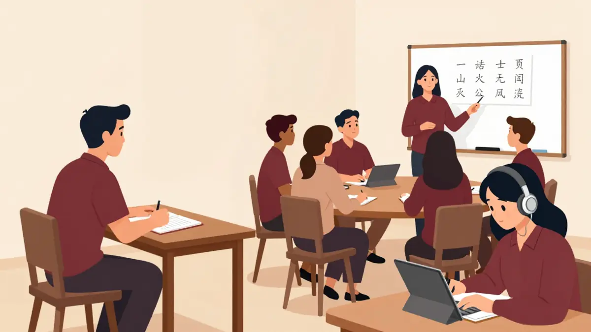 Ilustrasi perbandingan les privat mandarin satu lawan satu, kelas grup kecil, dan pelajar berlatih sendiri lewat aplikasi