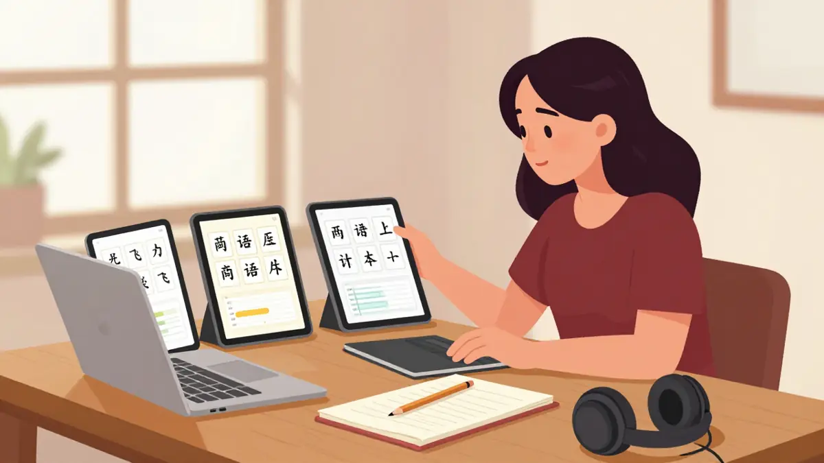 Perempuan membandingkan beberapa platform belajar mandarin di meja kayu, dengan catatan kriteria, kartu hanzi, dan headphone