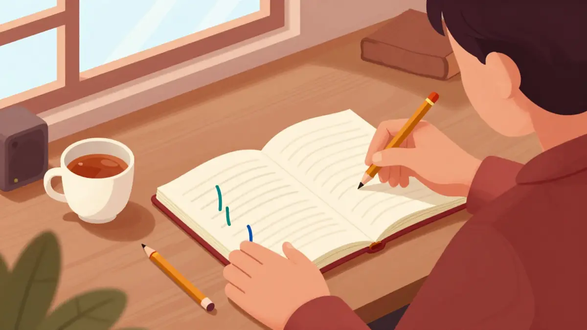 Ilustrasi empat nada mandarin sebagai garis kontur naik turun berwarna di atas meja belajar dengan buku pinyin terbuka