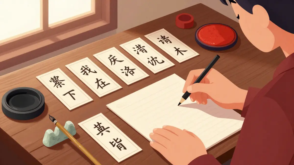 Ilustrasi nama Mandarin: kartu nama bertuliskan hanzi marga dan nama diri di atas meja kayu dengan kuas tinta