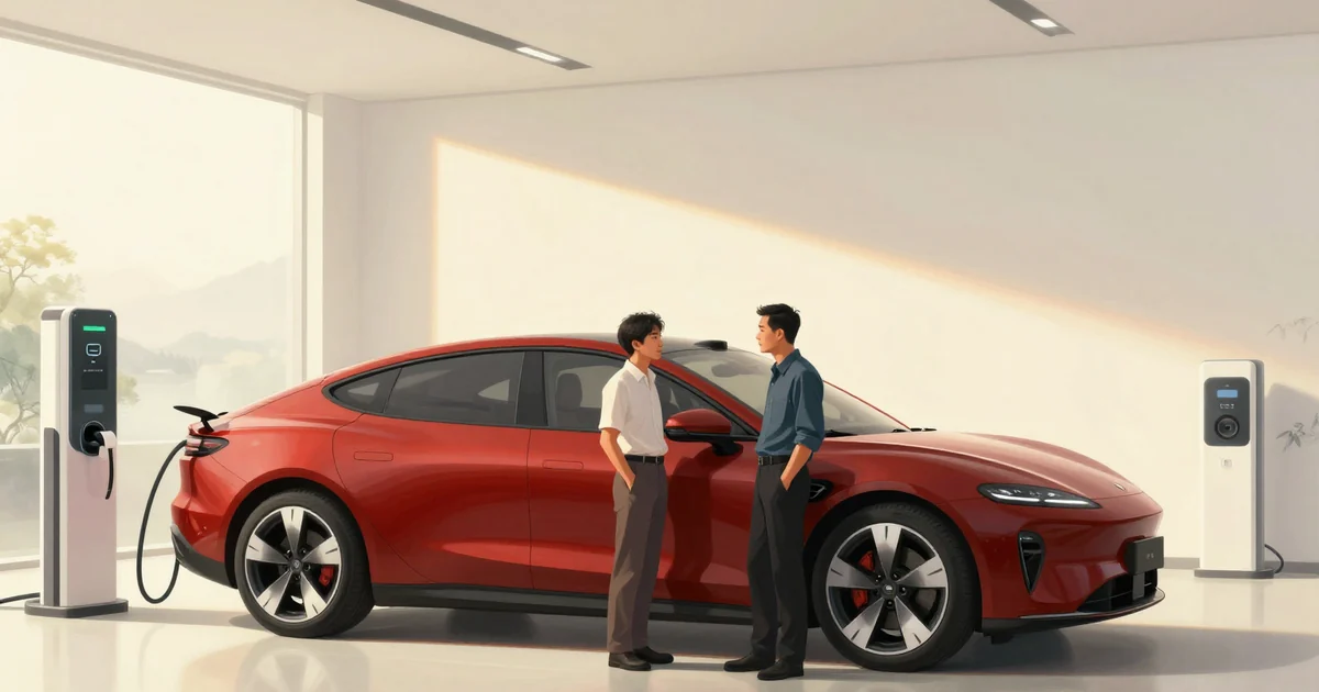 A young Indonesian salesperson and a Chinese engineer chat beside a sleek unbranded electric car charging in a bright, minimalist showroom with plain white walls, warm cinematic light.