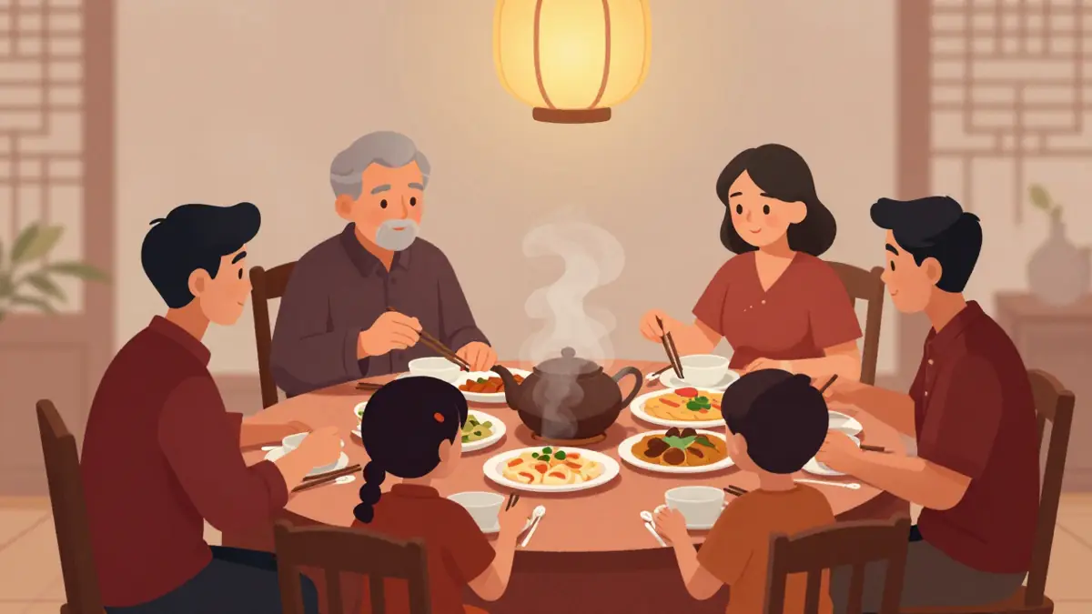 Ilustrasi silsilah panggilan keluarga bahasa Mandarin saat makan malam Imlek dengan kakek, nenek, paman, bibi, dan sepupu
