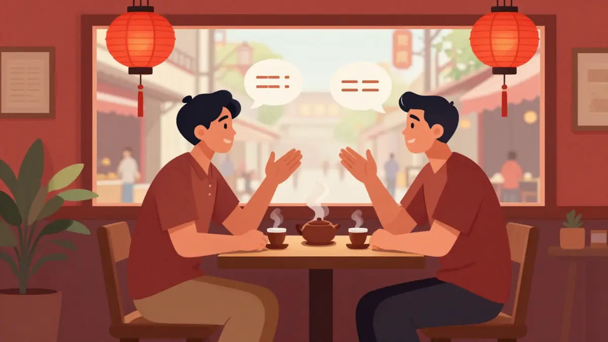 Ilustrasi percakapan bahasa Mandarin antara dua orang di kedai teh Tiongkok dengan gelembung dialog berisi aksara hanzi
