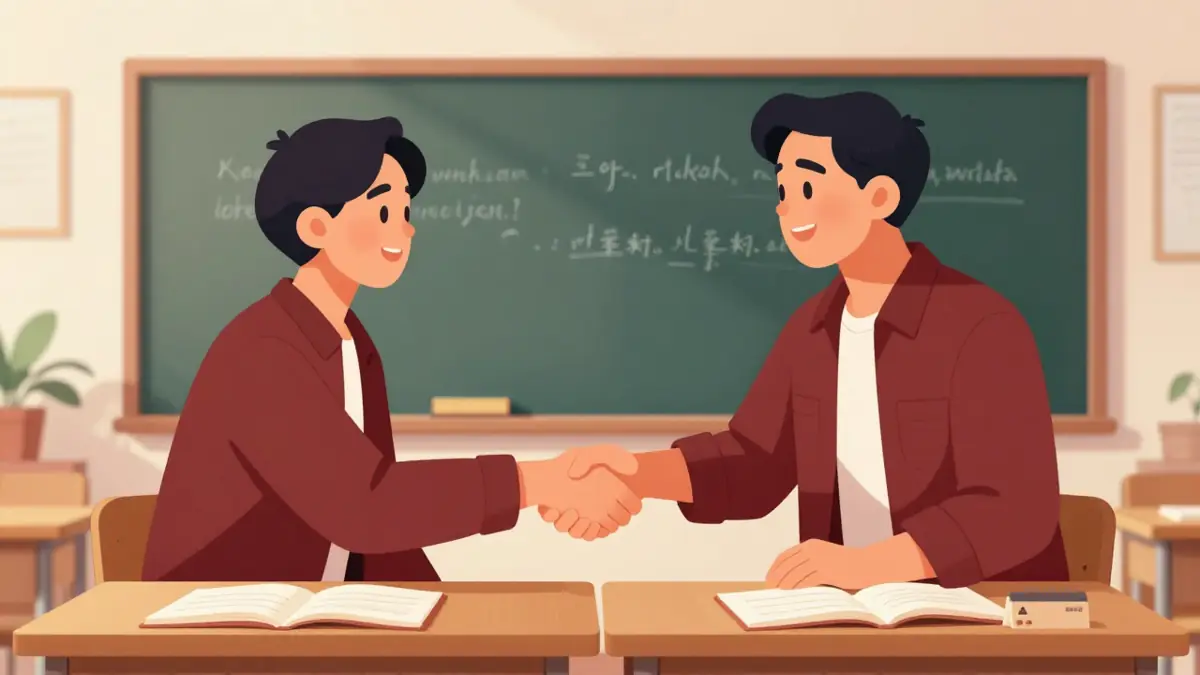 Dua orang berjabat tangan saat perkenalan bahasa mandarin di ruang kelas, papan tulis berisi karakter Han