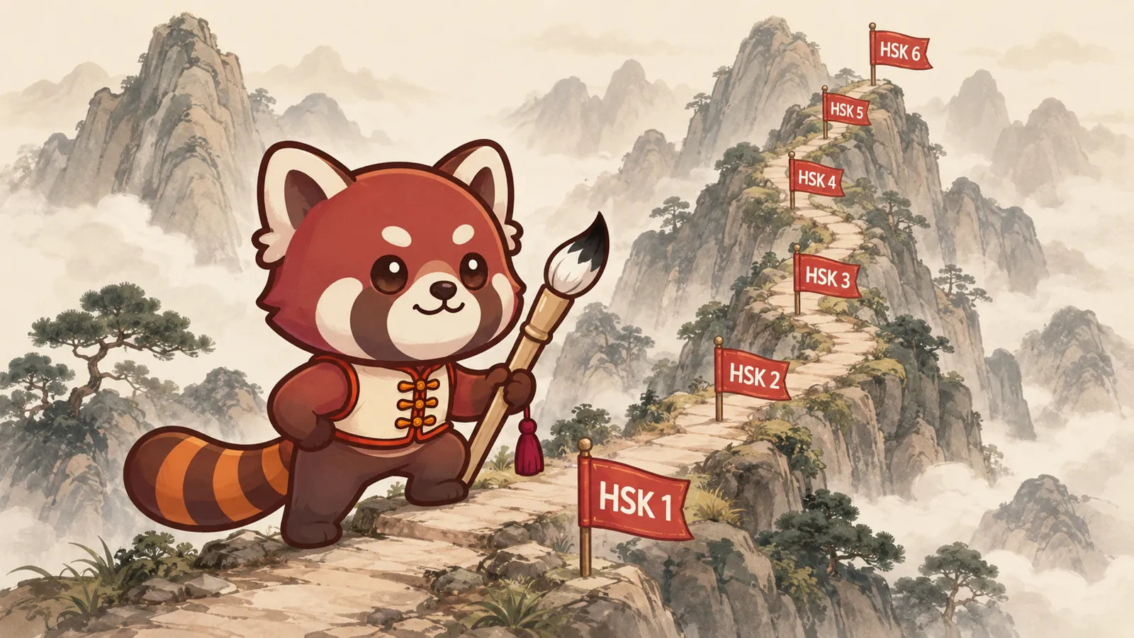 Ilustrasi meja belajar persiapan HSK dengan buku latihan, kartu hanzi, dan tangga enam level dari HSK 1 ke HSK 6