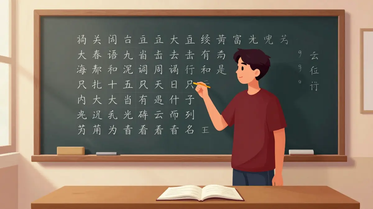 Ilustrasi papan tulis pinyin mandarin berisi deretan inisial dan final beserta tanda nada di atas huruf vokal