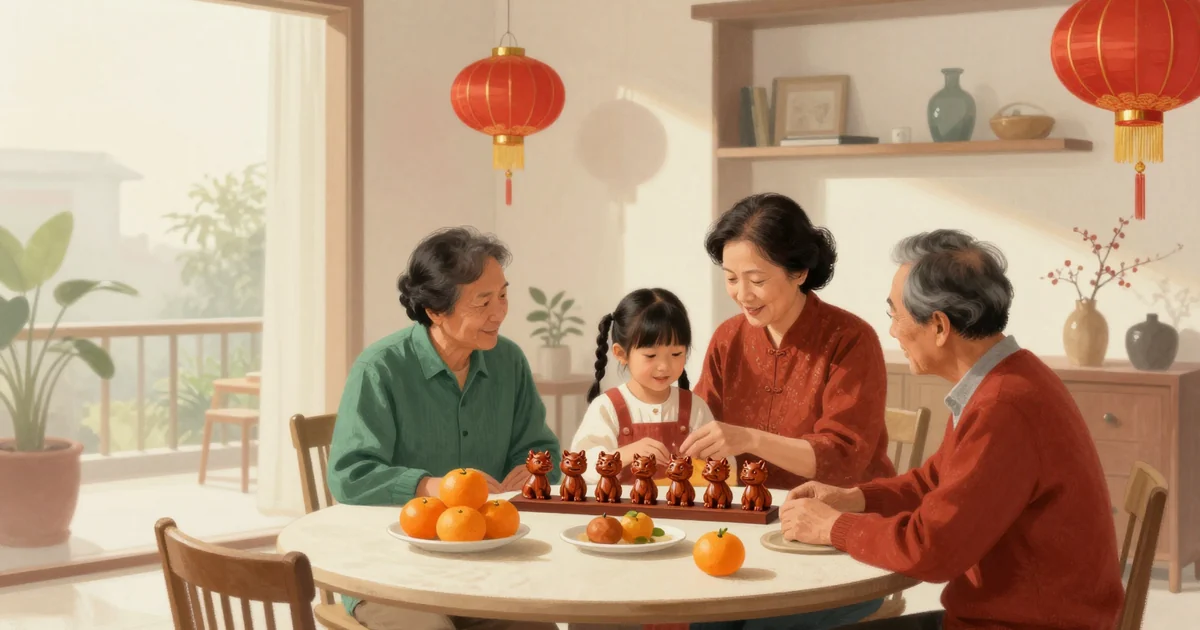 A warm, cinematic scene in a Chinese-Indonesian family home during Lunar New Year: three generations gathered around a table with mandarin oranges and red lanterns, a grandmother showing a young girl a set of twelve small carved wooden zodiac animal figurines, with a horse figurine in front, soft golden lamplight, no text, no letters, no characters anywhere in the image
