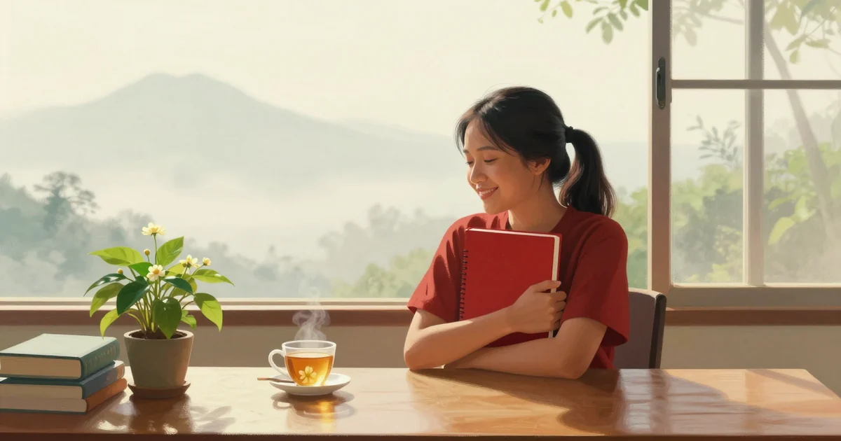 A young Indonesian woman with a ponytail sits at a wooden desk by a sunny window, smiling as she hugs a closed red notebook to her chest, a cup of jasmine tea and a small potted plant beside her, plain cream wall behind, warm morning light