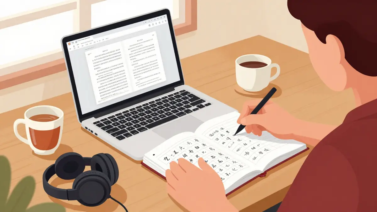 Meja belajar dengan laptop menampilkan beberapa tab situs belajar Mandarin: kamus hanzi, teks bacaan bertingkat, dan buku catatan
