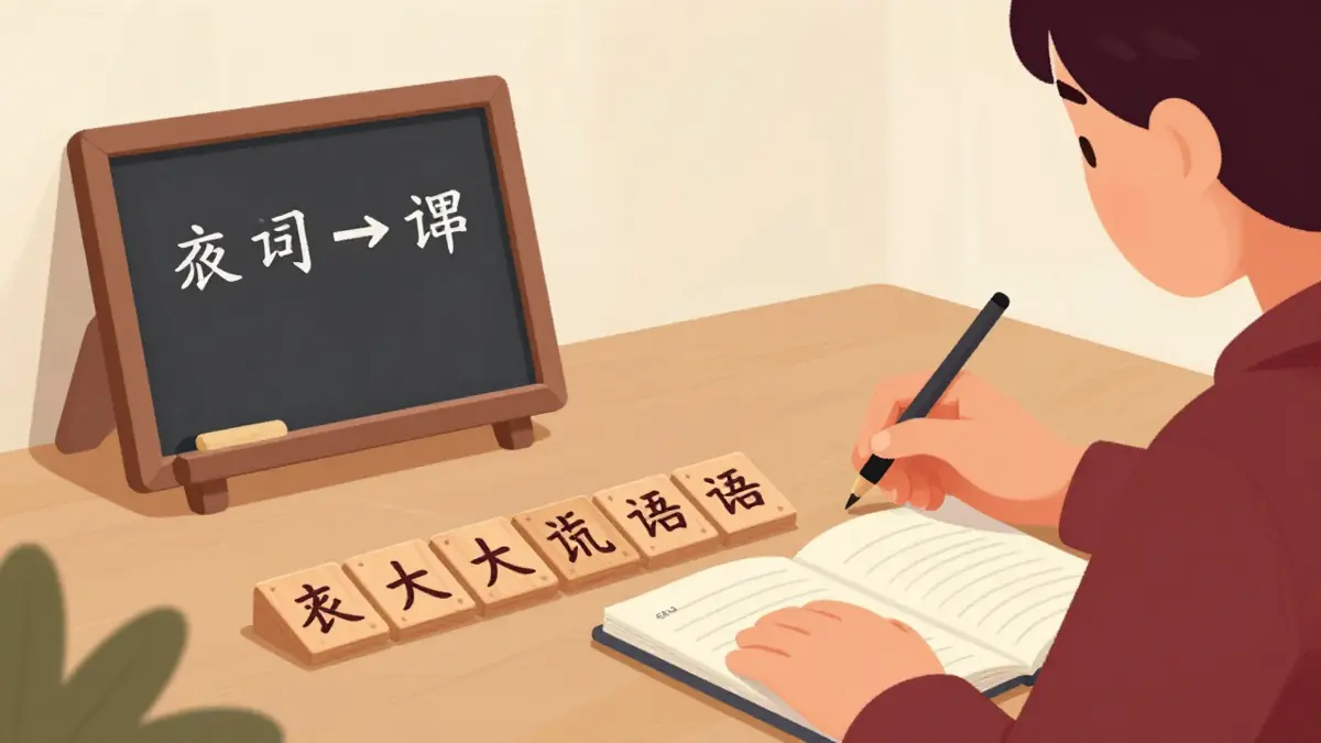 Ilustrasi papan tulis pelajaran tata bahasa mandarin dengan kartu kata yang disusun menjadi kalimat berurutan