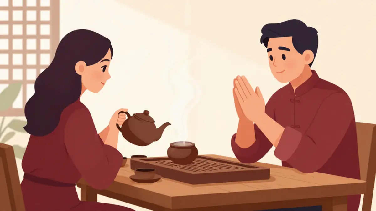 Ilustrasi dua orang di meja teh saling mengucapkan terima kasih bahasa mandarin sambil mengetuk jari di meja