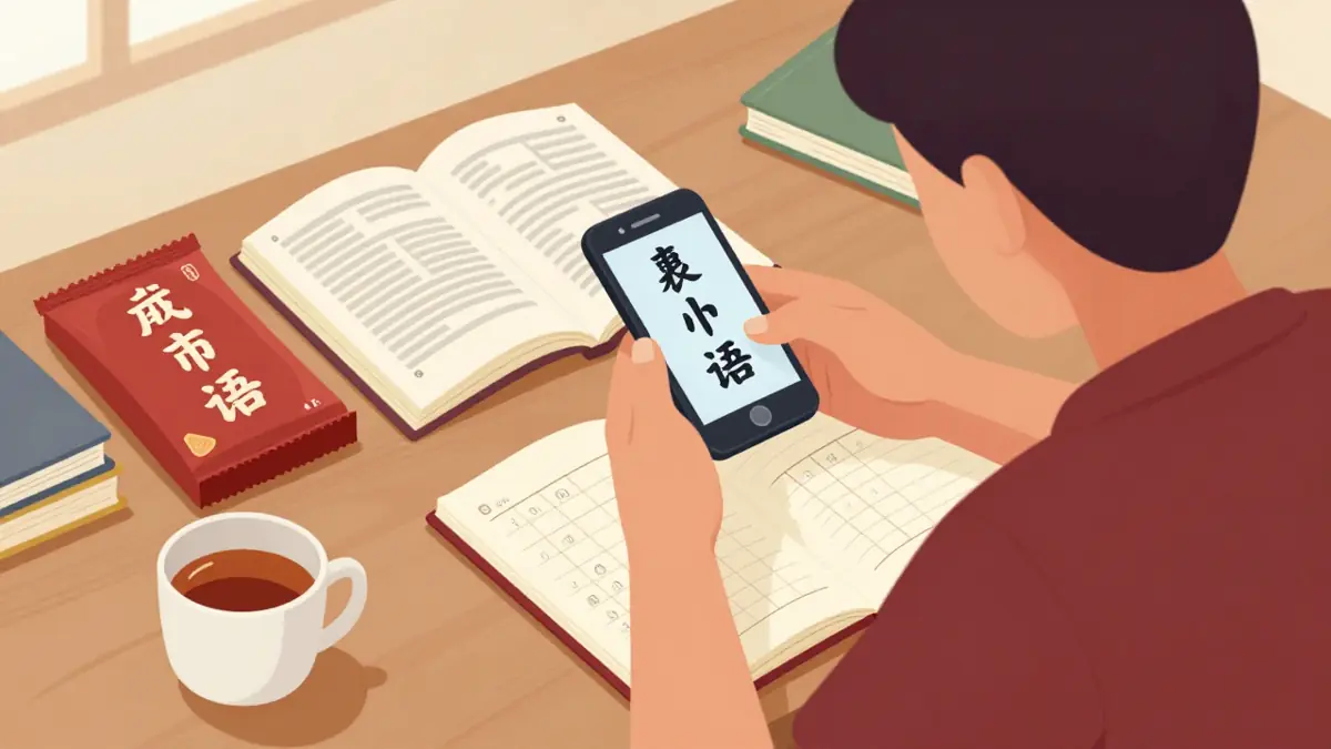 Ponsel memindai kemasan berhuruf Mandarin untuk translate mandarin ke indonesia, di samping kamus dan buku catatan