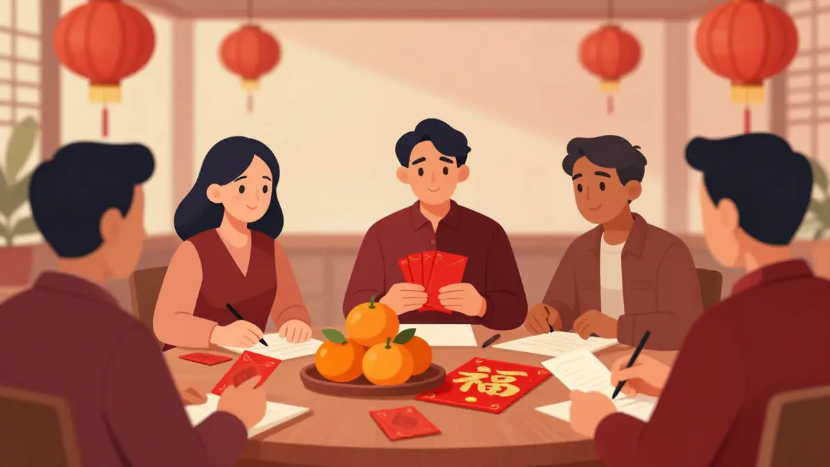 Kartu ucapan Imlek bahasa Mandarin bertuliskan hanzi merah emas di samping amplop angpao dan jeruk mandarin