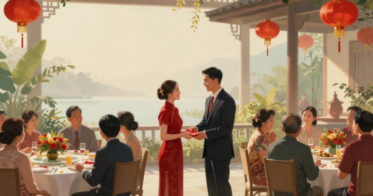 A warm, cinematic scene at an Indonesian-Chinese wedding reception: a smiling young couple in a red qipao and a dark suit receive red envelopes from relatives, round banquet tables with red lanterns and tropical flowers in soft evening light, no text, no letters, no characters anywhere in the image
