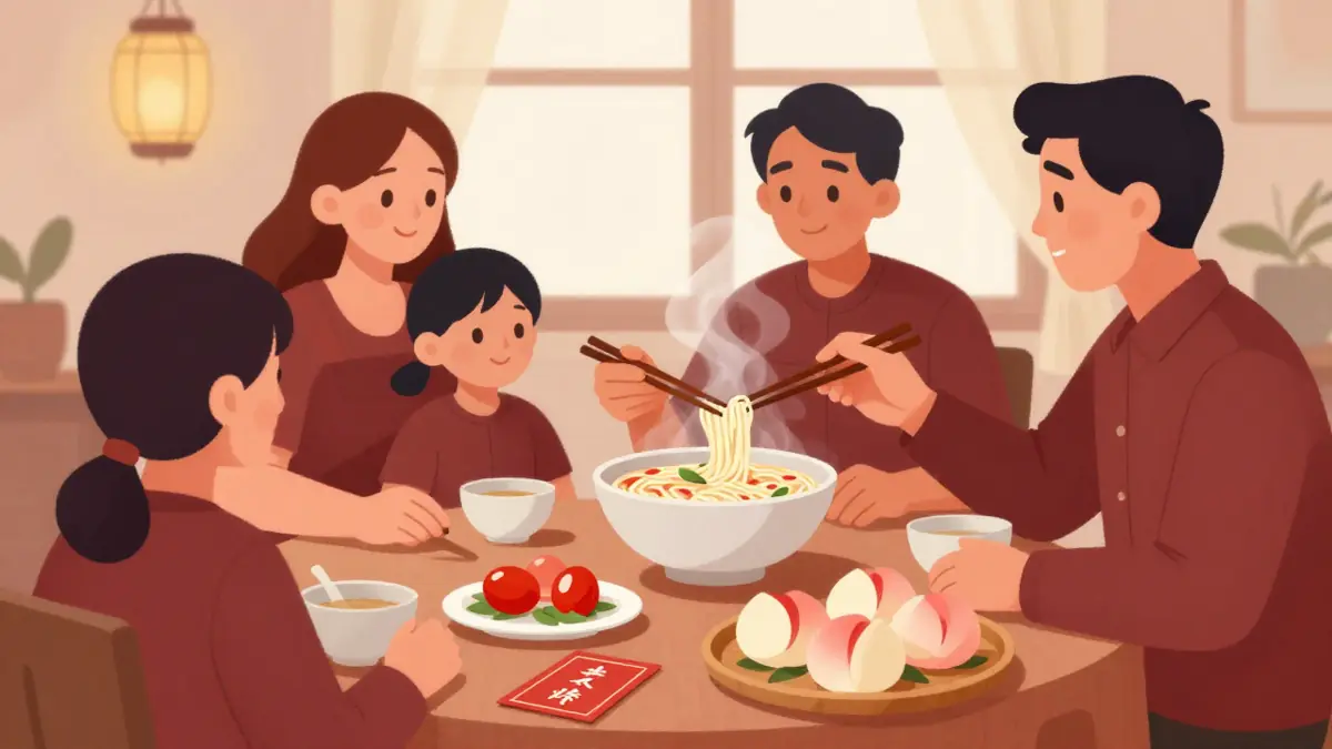 Ilustrasi ucapan selamat ulang tahun bahasa Mandarin: semangkuk mi panjang umur, telur merah, dan kartu bertuliskan doa keluarga
