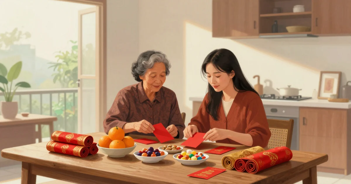 Warm cinematic scene inside a Chinese-Indonesian family home before Lunar New Year: a grandmother and a young woman sit at a wooden table sorting plain red envelopes, bowls of oranges, rolls of red and gold fabric, and small dishes of colorful candies, late afternoon sunlight through a window with batik curtains, shallow depth of field, no text, no letters, no writing anywhere