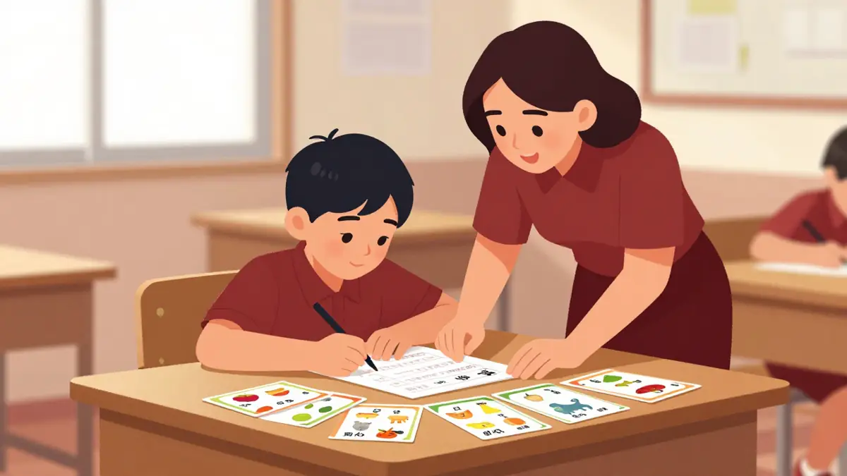 Ilustrasi anak SD mengerjakan lembar soal YCT bergambar di meja kelas, ditemani guru Mandarin dan kartu kosakata warna-warni