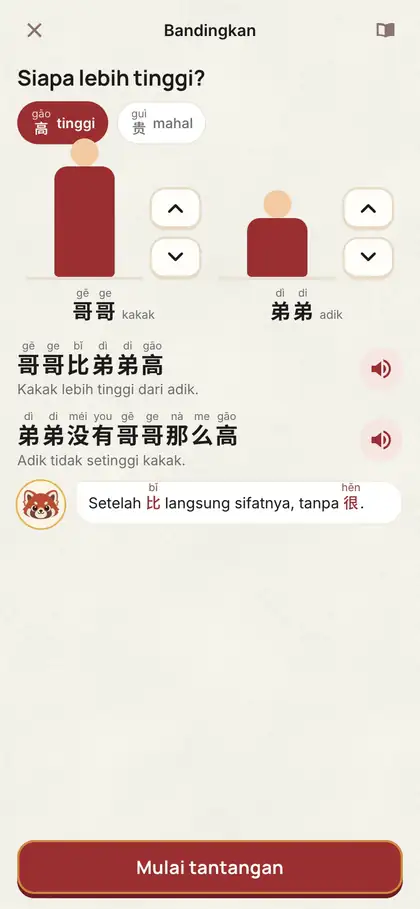 Game Bandingkan: tinggi kakak dan adik diubah, kalimat 哥哥比弟弟高 muncul di bawahnya