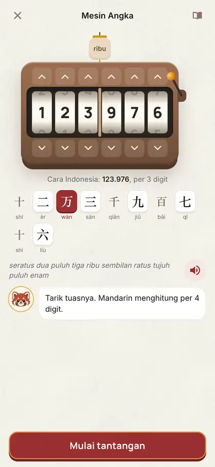Game Mesin Angka di aplikasi Pinter Mandarin: angka 123976 dengan tuas, dibaca per 4 digit dalam bahasa Mandarin