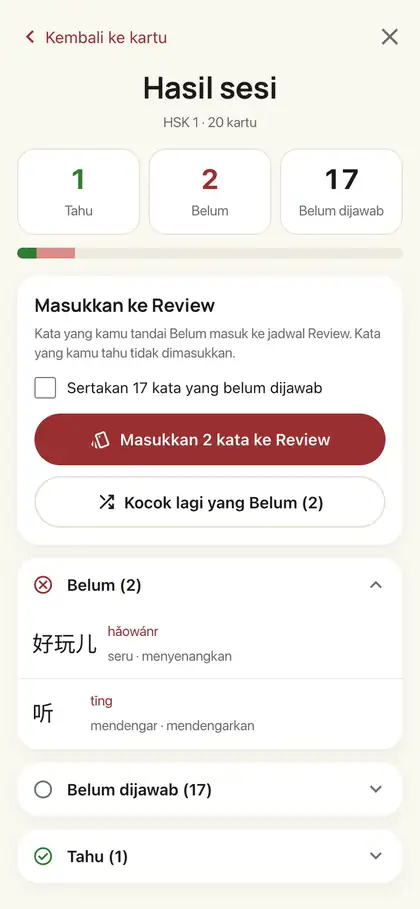 Hasil sesi Vocab Shuffle: 2 kata masuk Review
