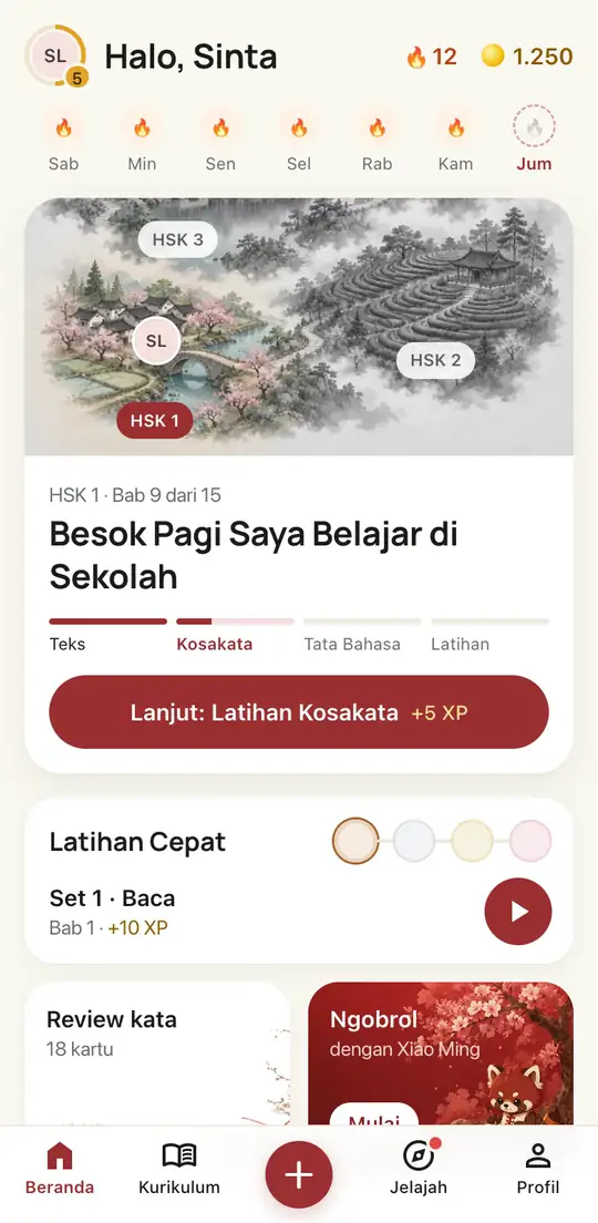 Beranda baru Pinter Mandarin: satu ketuk pada tombol Lanjut membuka Latihan Kosakata Bab 9