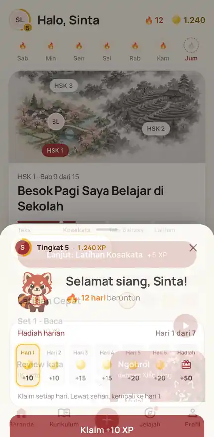 Pop-up hadiah harian dengan tangga tujuh hari dan tombol Klaim +10 XP